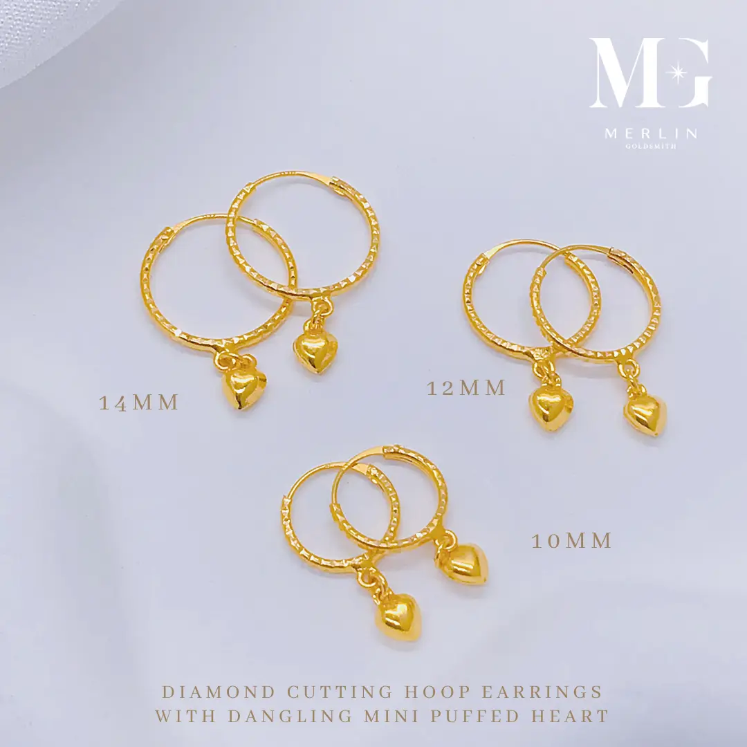 Merlin Goldsmith 916 22k Gold Diamond Cutting Hoop Earrings with Dangling Mini Puffed Heart (10mm / 12mm / 14mm)