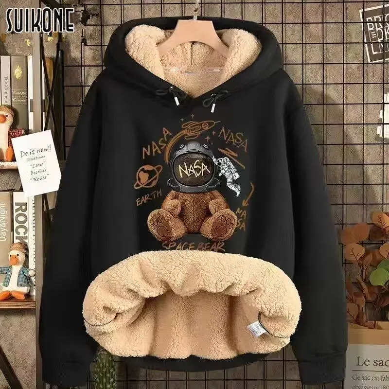 Suikone-Áo Hoodie Lông Cừu, Áo Chui Đầu Dày, Có Mũ, Gấu, Dài Tay, Có Túi Lớn Nam