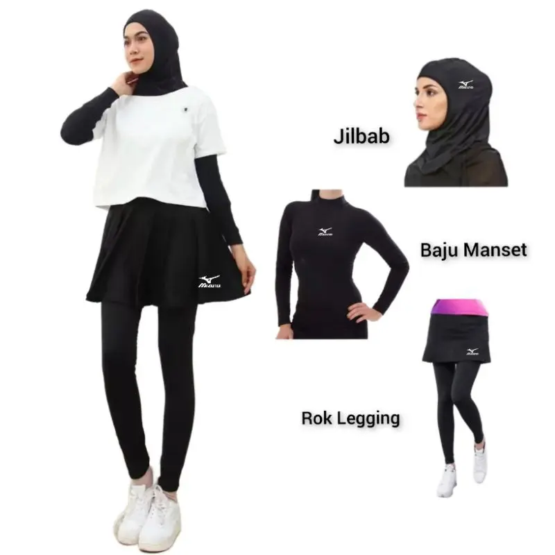FULL SET OLAHRAGA WANITA BAJU MANSET LENGAN PANJANG CELANA LEGGING DAN JILBAB OLAHRAGA LARI VOLY SENAM CEWE