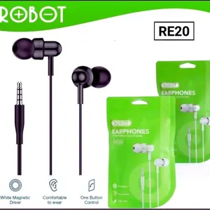 ROBOT RE20 Earphones dengan Driver Magnet Putih Nyaman Dipakai Kontrol Satu Tombol Kualitas Suara Terbaik