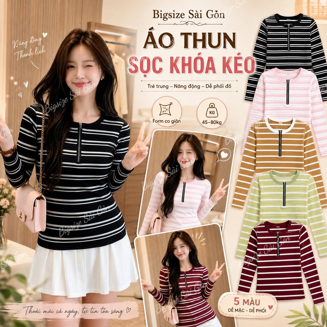 Bigsize Sài Gòn Áo Thun Nữ Bigsize Sọc Ngang Khóa Kéo Chất Cotton, Tay Dài Form Ôm Co Giãn 45–80kg - B.1837