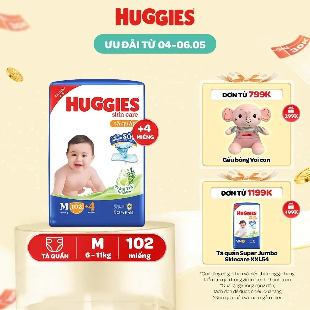 Tã/ bỉm quần Huggies Skincare Mega Jumbo với tràm trà dịu da Size M106/L96+8/XL84+4/XXL76+4