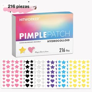 Parche hidrocoloide para granos en forma de estrella y corazón, 216 piezas por caja, fácil de despegar, cubierta para acné y accesorios para el cuidado de la piel facial para todo tipo de piel