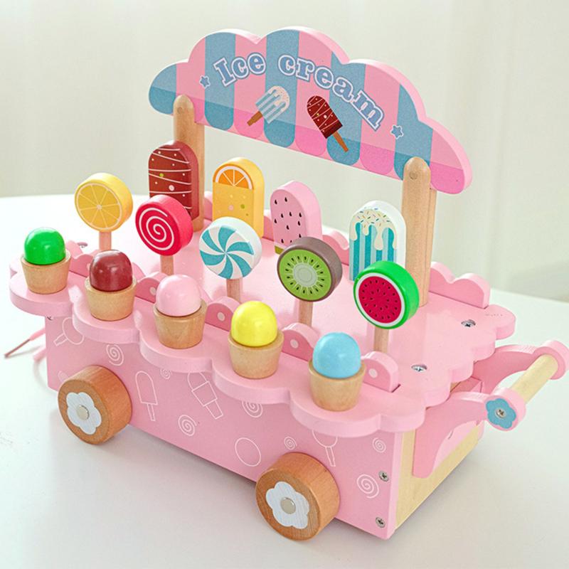 Wooden simulation ice cream cone ice cream machine, boys and girls ice cream cart, children play house toys gifts 2