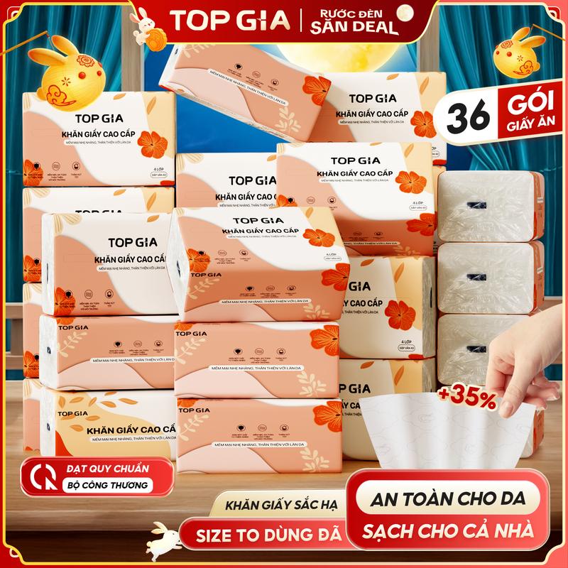 [KHĂN GIẤY GÓI LỚN] Thùng 36 Gói Khăn Giấy Sắc Hạ TOPGIA Bản To khăn giấy cao cấp Top Gia, giấy ăn 4 lớp dập vân 4D bền chắc mềm mịn, khăn giấy vệ sinh ĐẠT QUY CHUẨN CỦA BỘ CÔNG THƯƠNG VTG86