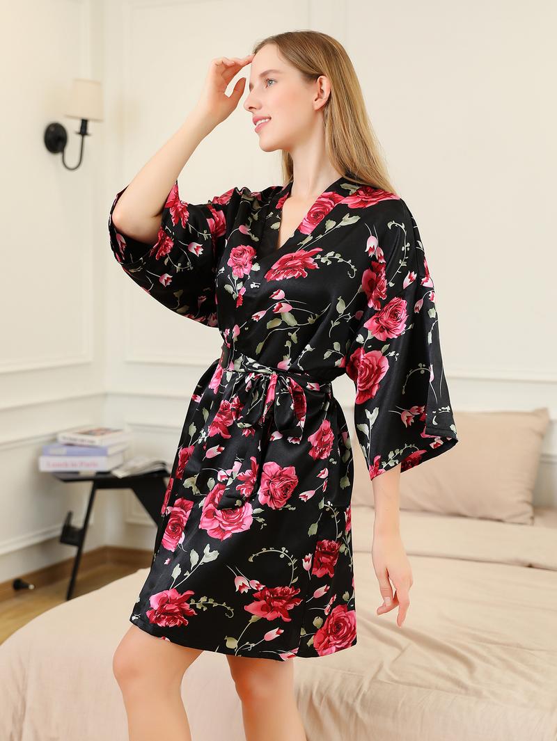 Product Introduction of Spring and Summer Flower Patterned Faux Silk Pajamas Women's Homewear Bathrobe Cardigan Sleeping Skirt 3