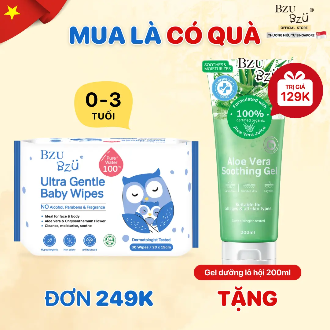 Khăn Ướt Em Bé BZU BZU Ultra Gentle Baby Wipes Giúp Làm Sạch Và Giữ Ẩm Dịu Nhẹ Không Mùi Gói 30 Tờ
