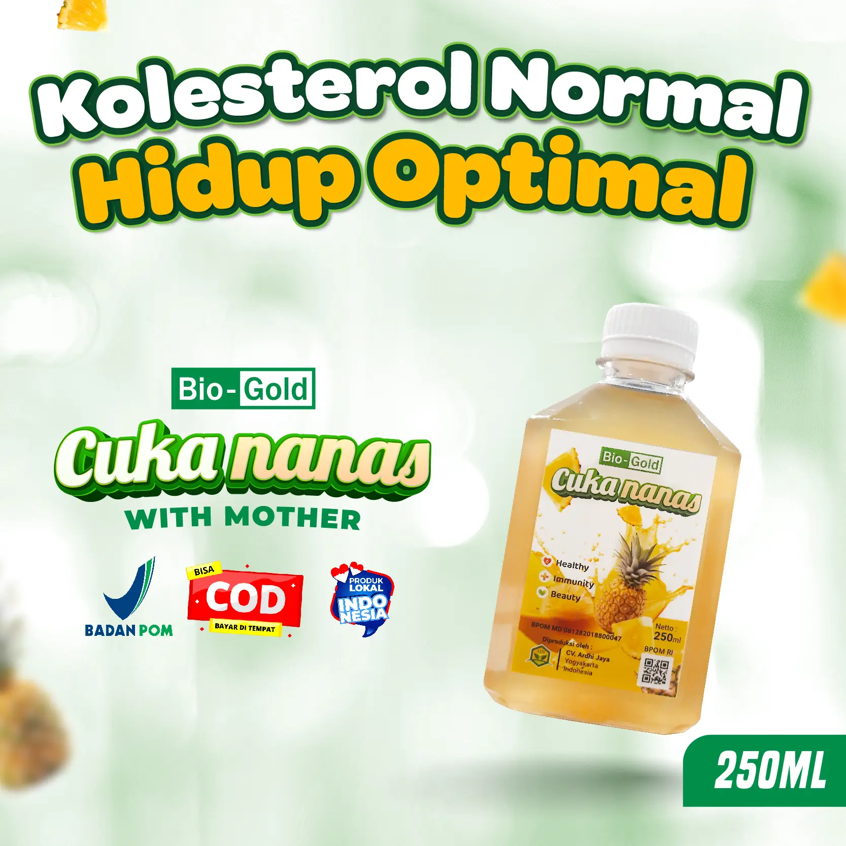 Cuka Nanas Bio Gold 250 ml With Mother Fermentasi Organik Bantu Menurunkan Kadar Gula Darah Kolesterol