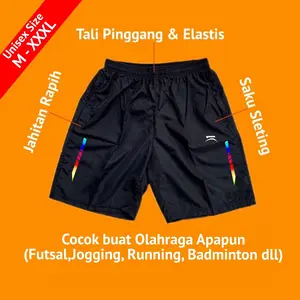 Runoz - Celana Pendek Olahraga Pria Wanita Running Gym Fitnes Badminton Jogging Voly - Parasut , Pinggang Elastis, Tali, Saku dengan Sleting