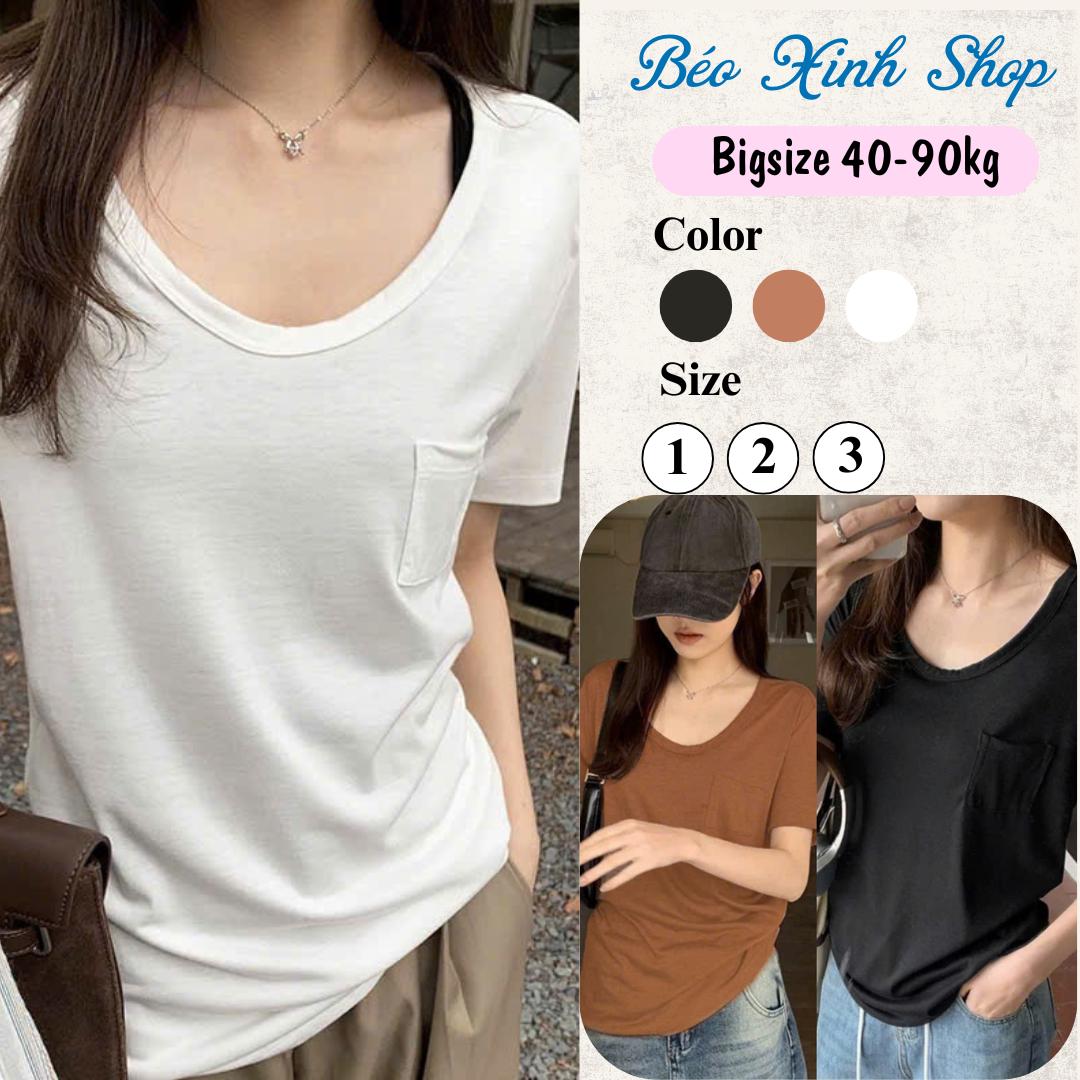 Áo Thun Nữ Form Rộng Phối Cổ Tròn Phối Túi Vải Cotton Thái 45- 90Kg Bigsize Dễ Thương Top Nữ Women - A.1541