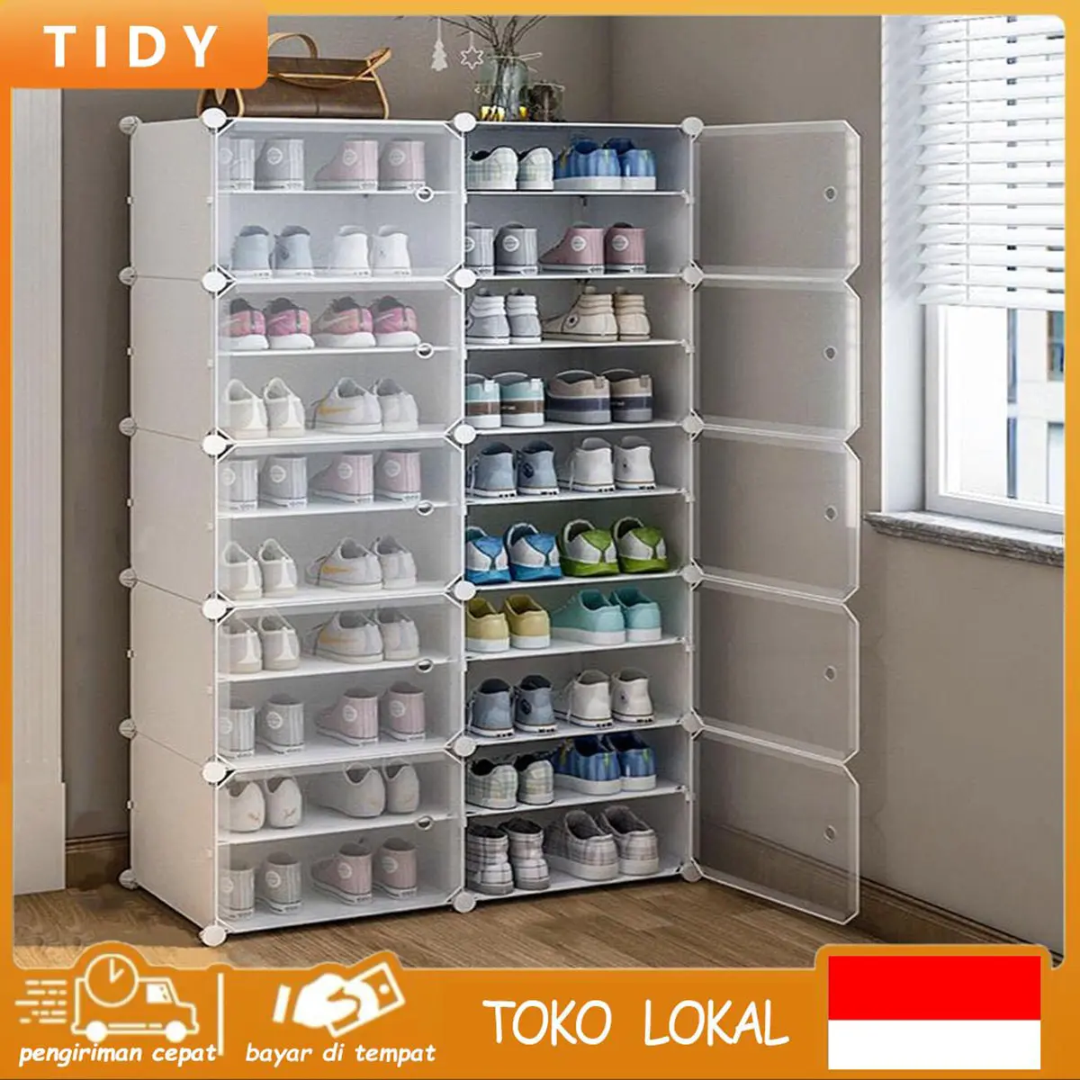 Tidy Tribe  Rak sepatu Lemari sepatu 8 lapis dua baris Rak penyimpanan Rak sederhana ekonomis Untuk rumah Tangga yang Bagus diletakkan di Depan pintu Lemari depatu Kecil anti Debu Plastik Putih Di dalam ruangan terdapat berbagai macam sepat