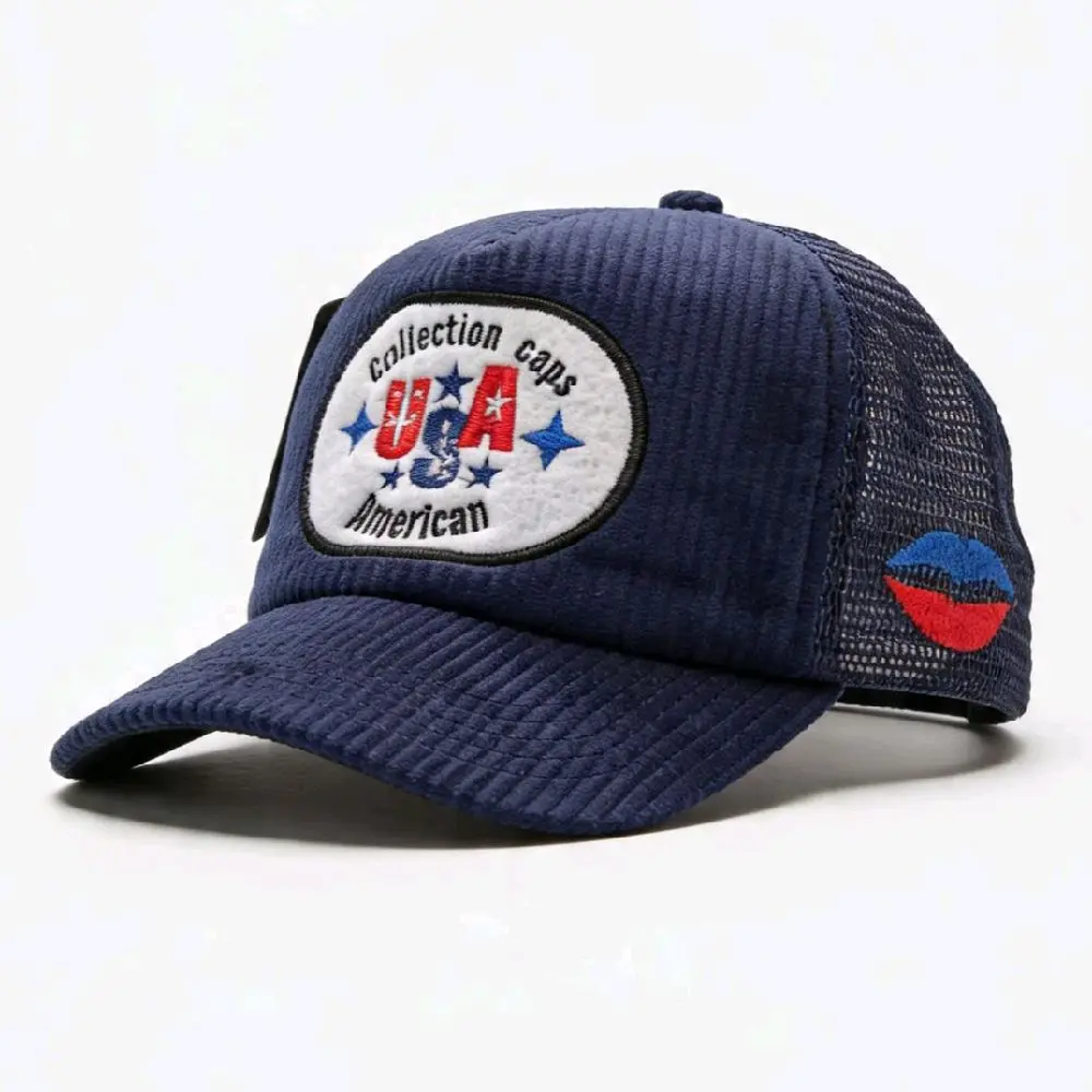 News Topi tracker Corduroy visor pendek/Topi jaring Korea premium warna full Navy motif USA Bordir Depan samping timbul