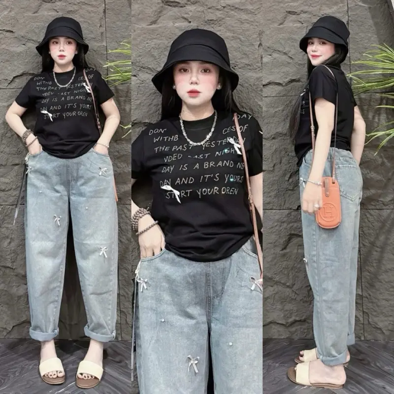 Set bộ jean baggy nơ chữ đính đa áo siêu cấp cotton tay ngắn cổ tròn quần jean mềm lưng thun co giản Women