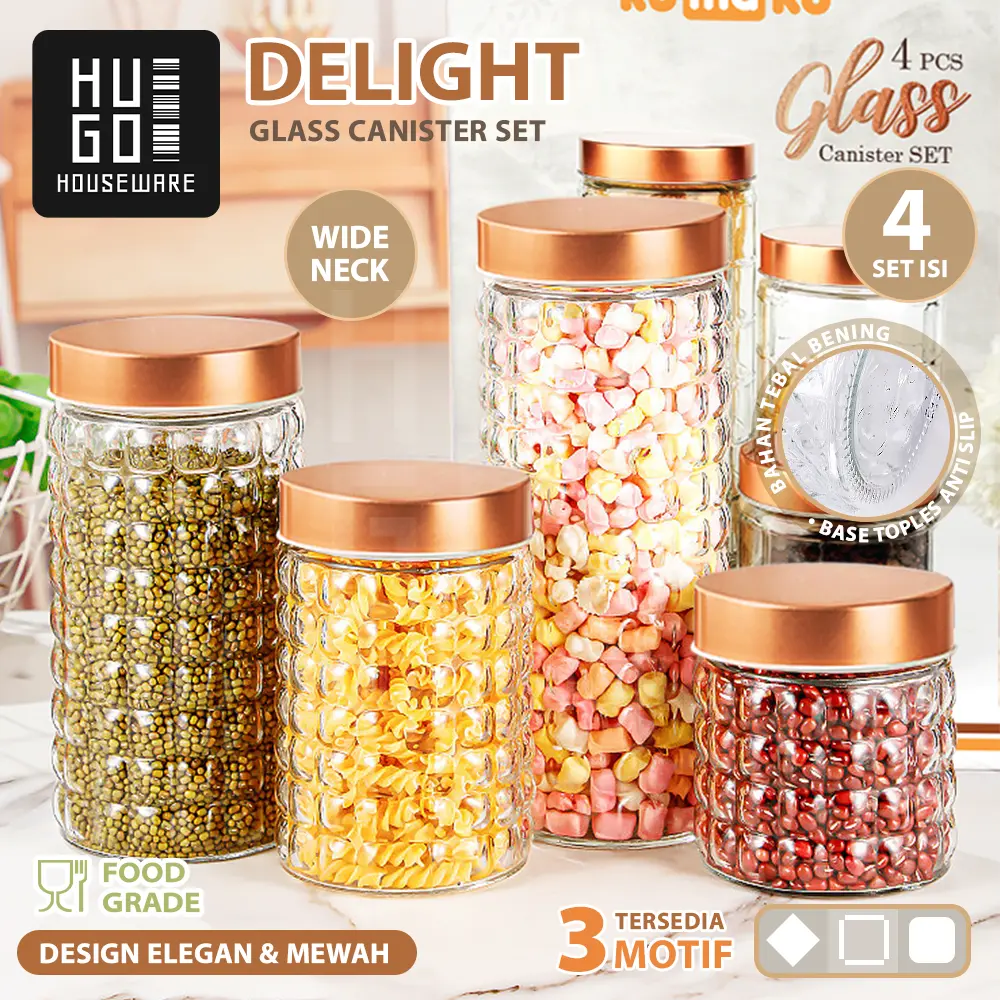 Toples Kaca [SET 4 PCS] Toples Kue Snack Kerupuk Toples Lebaran Kedap Udara Tutup Rosegold Premium dengan Colorbox