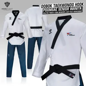 Dobok Taekwondo Hook Seragam Poomsae Dobok Taekwondo Senior Wanita Seragam Taekwondo Kerah Hitam Hook