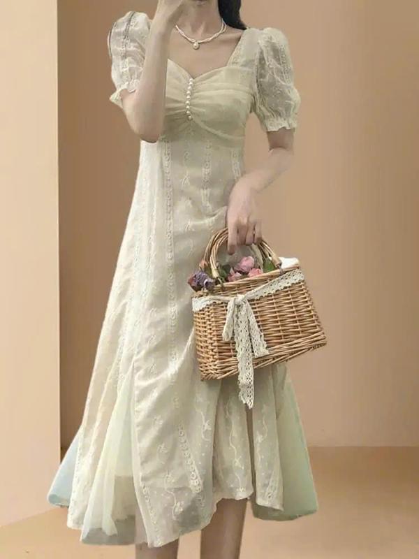 Đầm ren Midi tay phồng đính ngọc phong cách tiểu thư dịu dàng - EVA dress 3