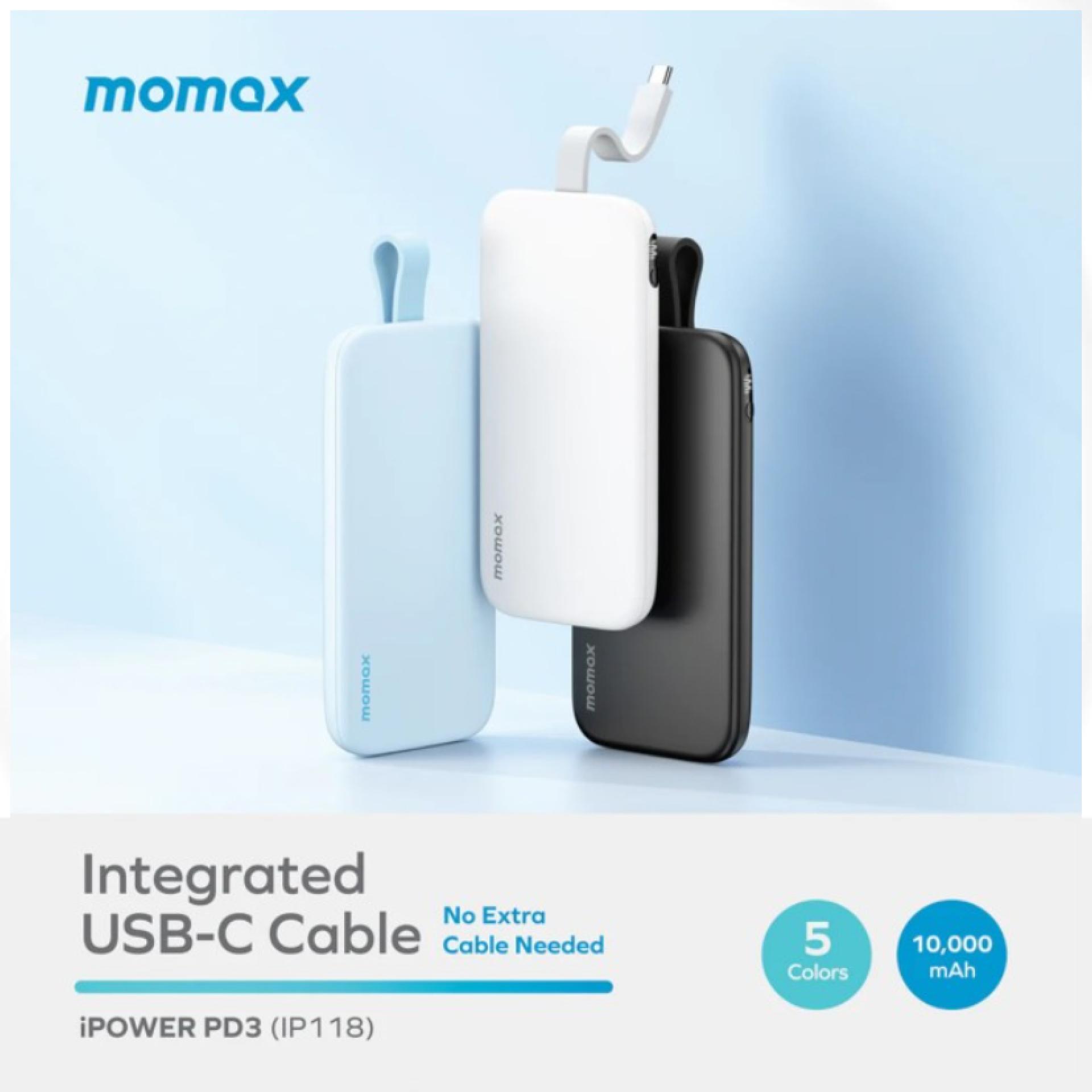 Momax Powerbank Built-in Kabel Charger USB C 10000mAh iPower PD 3 - Black IP118D