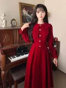1326 inner long dress korean style premium jumbo lengan panjang press body red dress vintage aesthetic natal terbaru 2024-2025 evening dress elegant