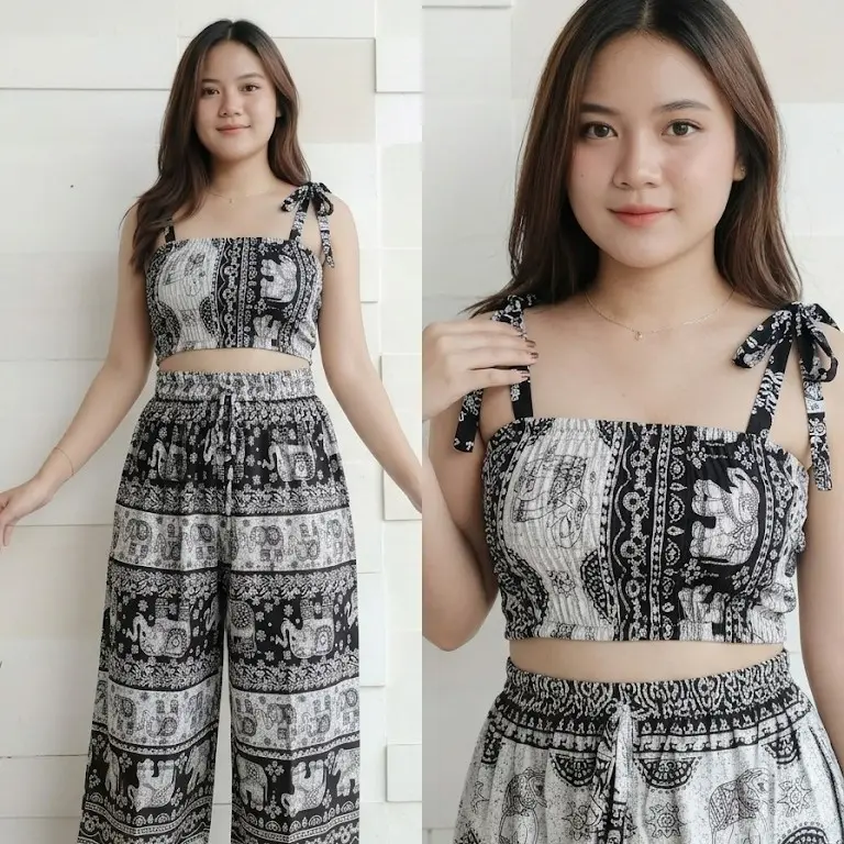One Set Tanktop & Celana Kulot Panjang Motif Gajah Thailand Rayon Adem variasi 7