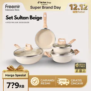 [DEAL] freemir Set 4 Pcs Alat Masak Anti Lengket Wajan Panci Tutup Kaca Premium Beige