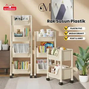 GROVE MAISON Rak Dorong Plastik Serbaguna / Rak Susun 3-5 Tingkat + Roda Portable Untuk Buku Mainan & Penyimpanan