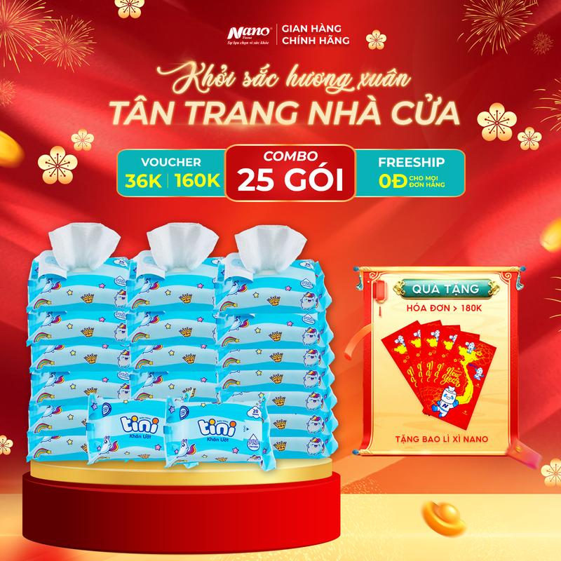  Khăn Ướt Tini 20 Tờ – Combo 25 Gói Nhỏ Gọn An Toàn Mềm Mại Sạch Mát Dễ Mang Theo Không Cồn An Toàn Cho Trẻ Hương Phấn Kích Thước 20x15cm Chất Liệu Vải Không Dệt | Nano Tissue 
