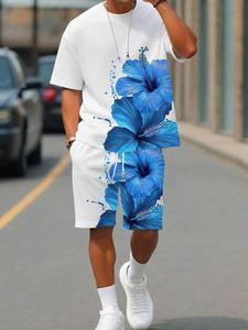 夏用 メンズ アウトドア ラウンドネック 半袖Tシャツ＆ショートパンツセット、花柄全面プリント、カジュアルフィットスタイル、2点セット