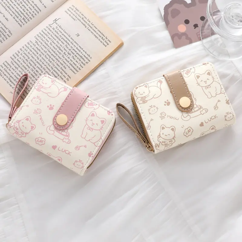 Dompet wanita resleting karakter cat kucing kartun Dompet pendek kancing bahan kulit PU import jepang estetik Dompet lipat untuk kartu koin uang fashion Wallet leather double fold cantik korean style terbaru anti air Kado hadiah gift 4