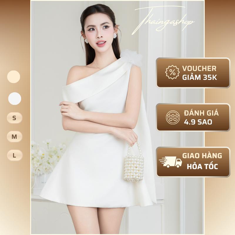 Đầm dự tiệc dáng ngắn lệch vai chiết eo trẻ trung màu trắng màu nude size S M L chất cotton mịn sang trọng D1408