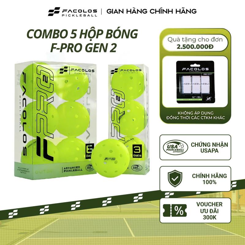 Combo 5 Hộp Bóng Pickleball Facolos F-Pro Gen 2 Performance Pickleball tiêu chuẩn (USAPA) 40 lỗ với đường kính 74mm