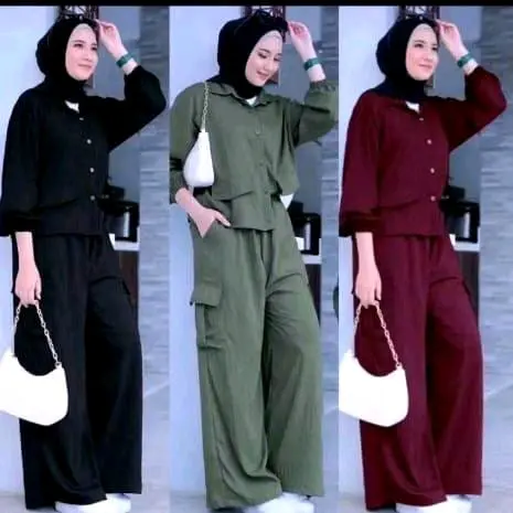 TARA SETELAN CARGO WANITA TERBARU VIRAL/ CARGO MODEL 2025/ SETELAN CARGO POLOS/ ONE SET DEWASA KEKINIAN BAJU CELANA KANCING FIT KANTONG KARET MUSLIM PANJANG