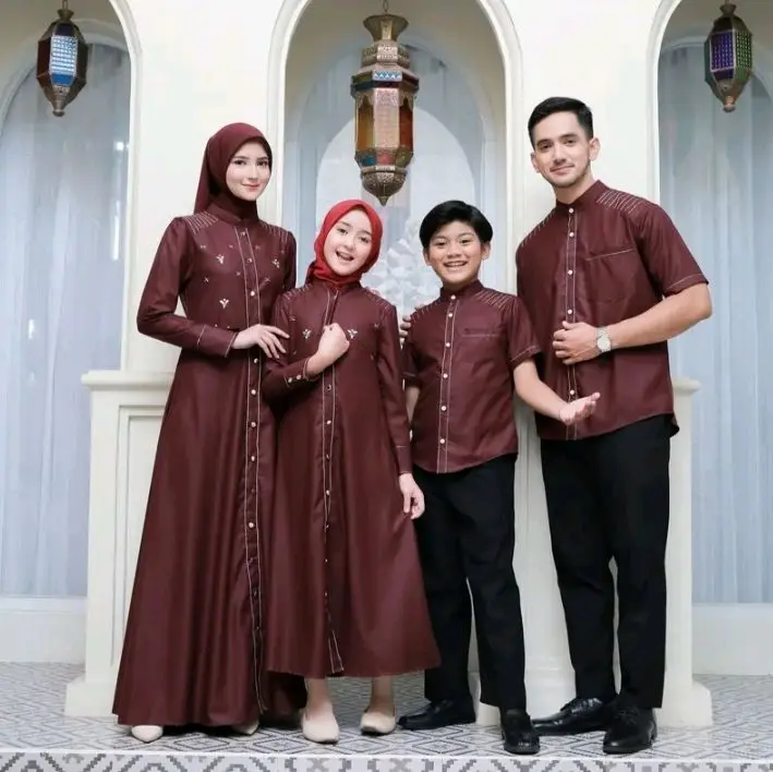 Naza Gamis Setelan Sarimbit Couple ibu dan anak | Gamis warna Burgundi Set Sarimbit Lebaran 2025 Moti benang simpel