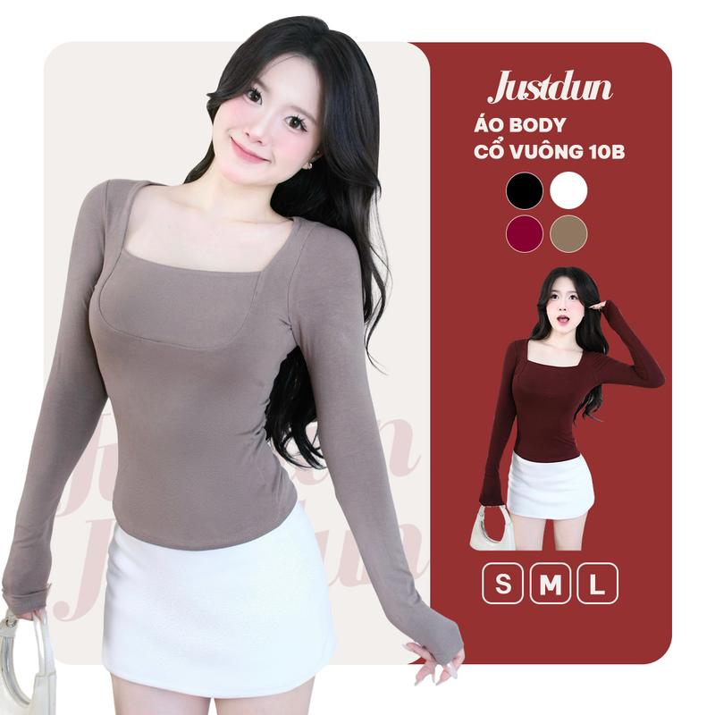 Áo Thun Nữ Dài Tay Ôm Body JUSTDUN 10B - Cổ Vuông Cotton Mịn Cao Cấp Ôm Body Mềm Mại Co Giãn