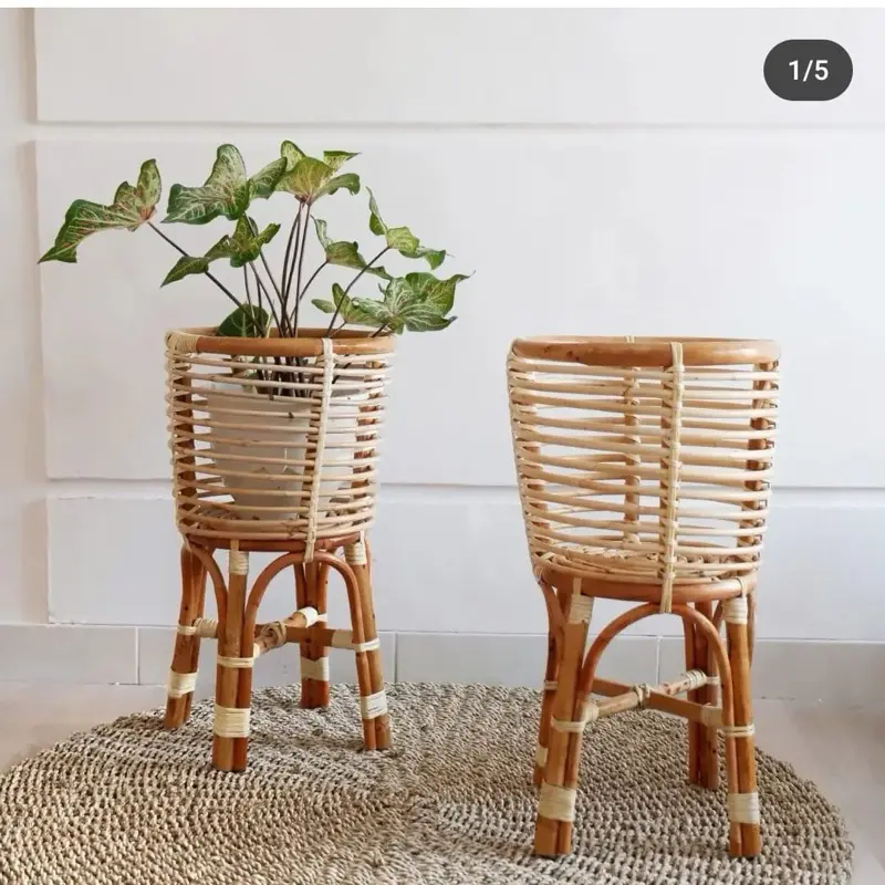 Standing Pot Rotan Natural / Tempat Pot Bunga Estetik / Dekorasi Studio Foto Aesthetic / Dudukan Vas Tanaman