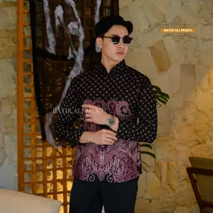Batik Slimfit Pria Lengan Panjang Kemeja Premium Anak Muda Remaja Katun Halus Furing Motif Rajawali Mauve