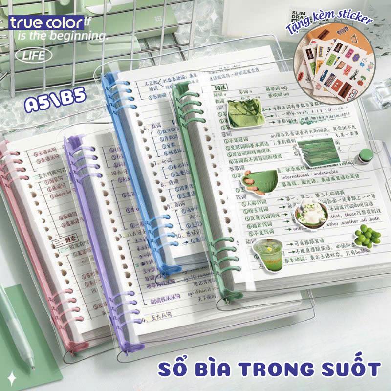 [TẶNG STICKER] Sổ Còng thay được giấy A5 B5 8 chấu bìa nhựa dẻo trong suốt không vướng tay có thể chứa được 300-400 trang, bìa sổ còng màu pastel nhẹ nhàng giấy refill 120 trang cho học sinh sinh viên văn phòng a4
