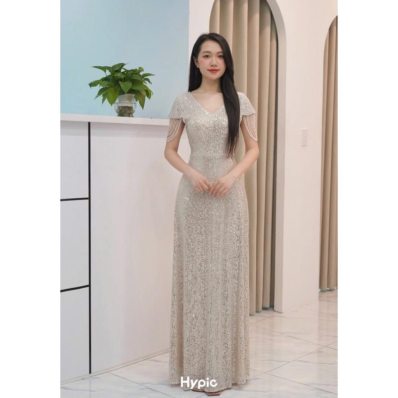 Thanh An Dress VD228 - Đầm dạ hội dáng xòe chữ A dễ mặc che khuyết điểm tốt đầm trung niên kim sa cao cấp