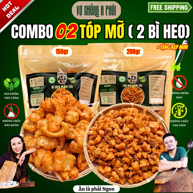 Tặng Kẹp Gắp Mini Combo 2 Đậm Đà Hương Mắm Tỏi – 2 Bì Heo 150gr Hoặc 2 Tóp Mỡ Mắm Tỏi 200gr Giòn Rụm Thơm Lừng - Vợ Chồng A Phủi - Không Phẩm Màu Không Chất Bảo Quản khô An Toàn Cho Sức Khỏe da ăn vặt anvat mo gói liền food