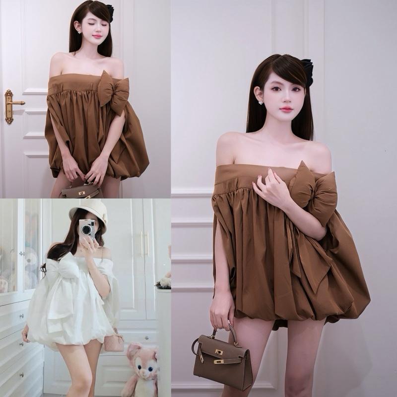 { HÀNG LOẠI 1 } Áo dáng váy  trễ vai bí phồng nơ ngực A12 GON