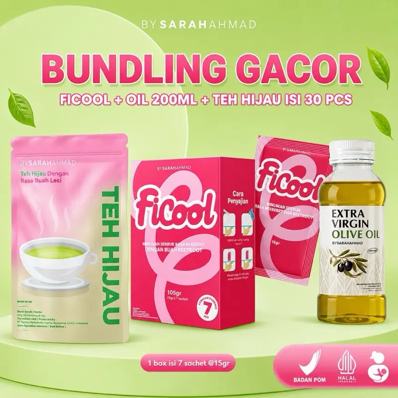 PAKET GACOR SARAHAHMADJUGA (TEH HIJAU 30pcs + OLIVE OIL 200ml + FICOOL)
