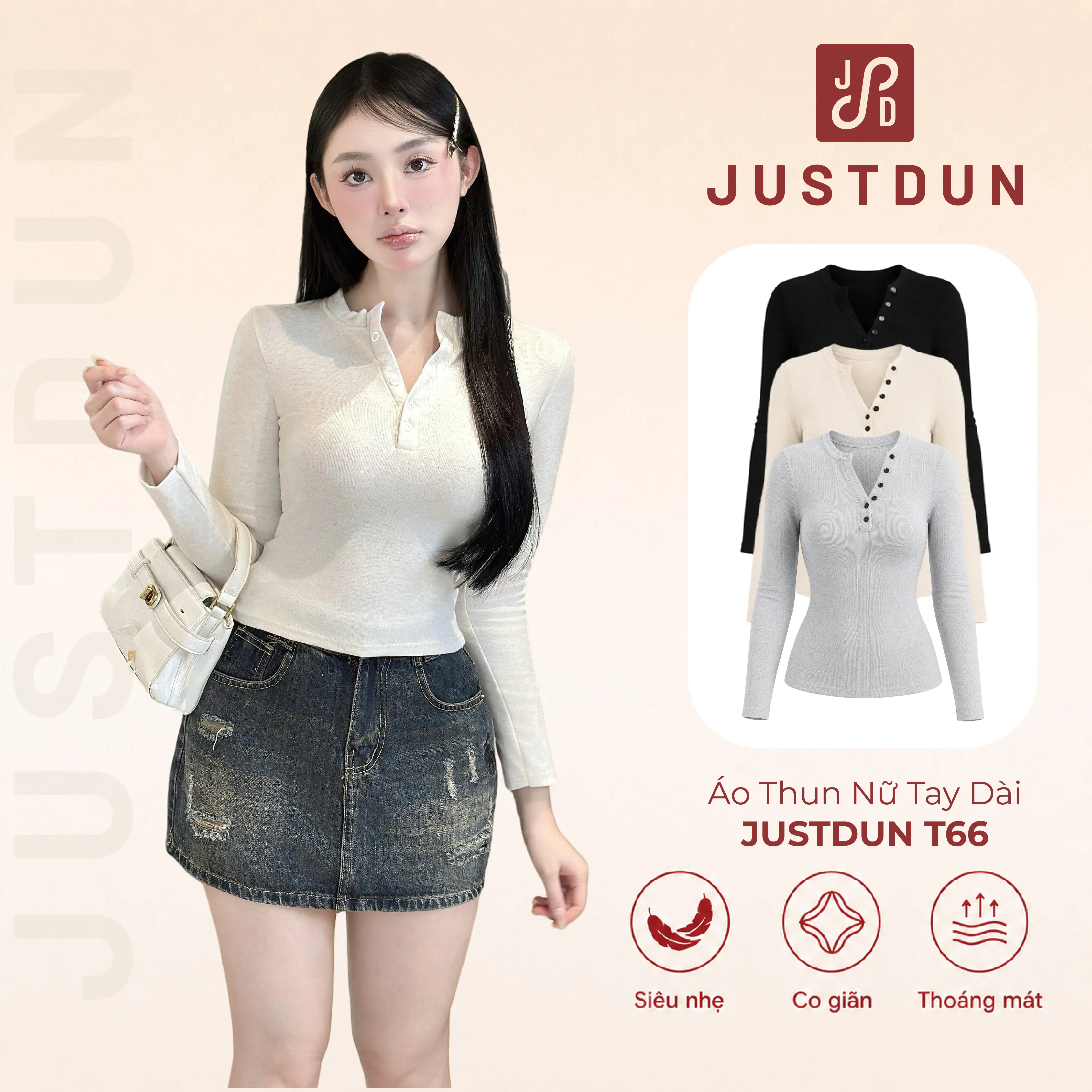 [ DEAL XẢ KHO ] Áo Thun Nữ Tay Dài Ôm Body JUSTDUN T66 - Chất Len Tăm Lông Thỏ, Co Giãn 4 Chiều, Giữ Ấm Mềm Mịn
