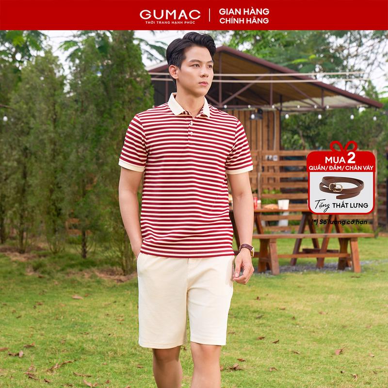   MUA 2 GIẢM THÊM 5%  Áo thun polo nam sọc dày form suông màu đỏ - nâu - xanh phối cổ màu be thời trang GUMAC PLNF01012 