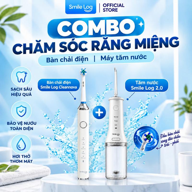 Bộ đôi Chăm sóc Răng Miệng 01 Bàn chải điện đầu tròn Smile Log 3.0 Cleannova + 01 Tăm nước Smile Log 2.0, phiên bản cải tiến đầu chải giảm chấn, công nghệ dao động xoay đảo chiều, 5 chế độ làm sạch mảng bám, pin dùng 40 ngày, kháng nước IPX7