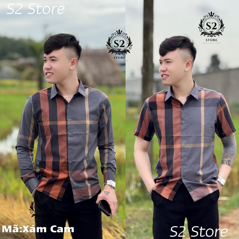 Áo Sơ Mi Dài Tay Đen Xám Sọc Caro Cam Vải Thô Nam Menswear Shirt Cổ Tròn Kem Có Cổ Kate