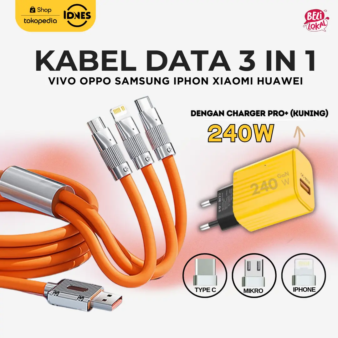 IDONES Kabel Data 3 in 1 35W-240W Charger Super Cepat Fast Charging Type C Mikro Cable USB IOS Apple Lightning Panjang 1.2 meter Kabel Pengisian Ponsel Super Cepat Pengisian Cepat Micro USB Type-C  untuk Huawei Oppo Samsung 3in1 Fast