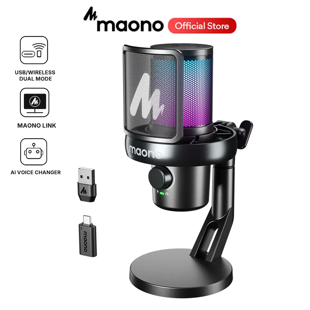 Mikrofon Gaming AI Maono DM40, Mikrofon USB, Mikrofon Peredam Kebisingan AI, Mikrofon Gaming RGB dengan perangkat lunak, Mute, Pengurangan Kebisingan, Pengubah Suara AI untuk PC, Ponsel, Gaming, Streaming