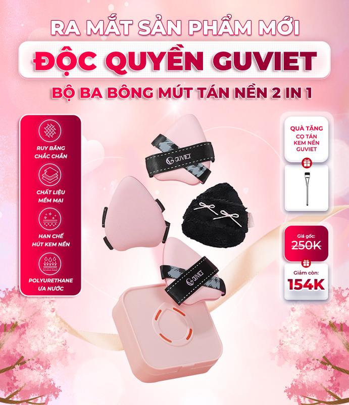  ￼Bộ bông mút trang điểm tán kem nền và phấn phủ GUVIET màu hồng đen gồm 2 mút tán nền và 1 bông phấn phủ 