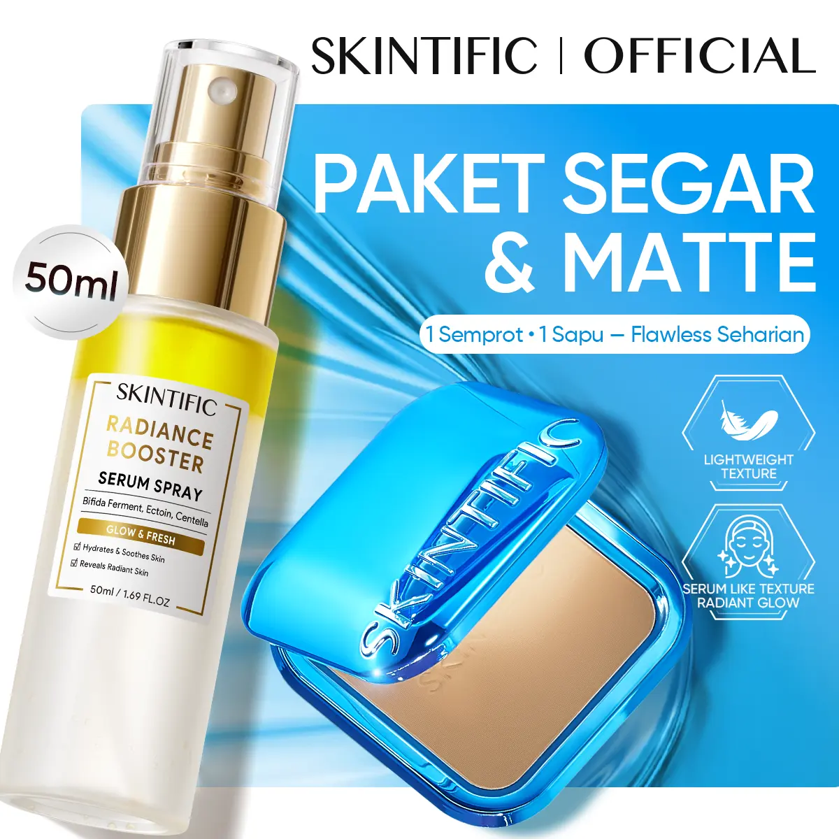 SKINTIFIC 2pcs Makeup Set | Ultra Cover Powder Foundation 9g& Instant Glowing First Serum Spray 50ml | Two Way Cake Pressed Powder,  Matte, Poreless Finish | Even Skin Tone, Bedak Padat Compact, Carnosine, Ectoin, Squalane, Silk Powder, Lasting
