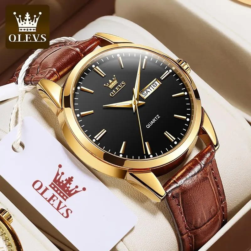 Đồng Hồ Nam, OLEVS, Chống Thấm Nước 100%, Phong Cách Doanh Nhân, Chính Hãng, Dây Da Màu Nâu, Thời Trang, Có Lịch, Dạ Quang, Thương Hiệu: 6898 1