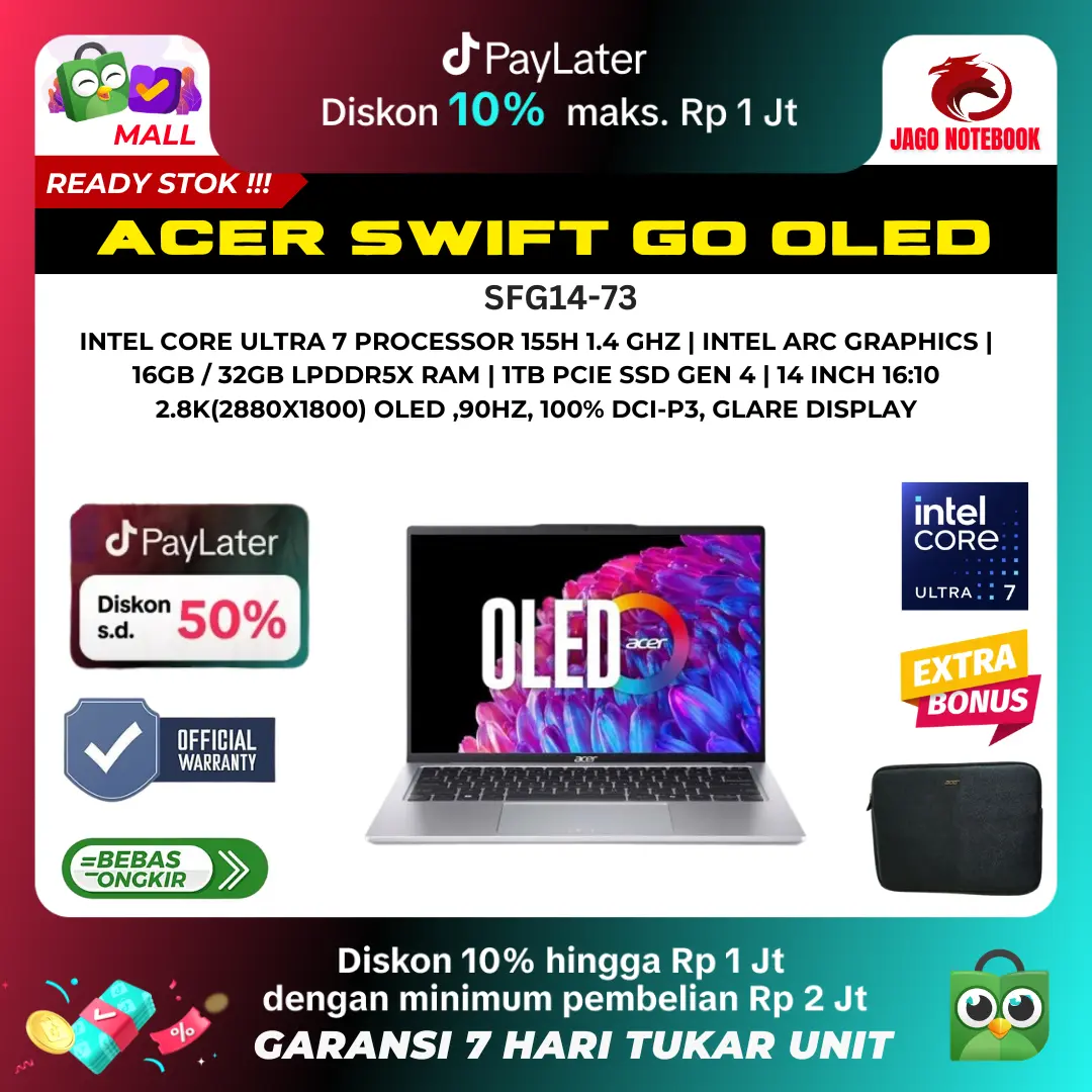 ACER Swift Go 14 SFG14-73 Ultra 7-155H 32GB 1TB 14" 2.8K OLED 90Hz W11 OHS